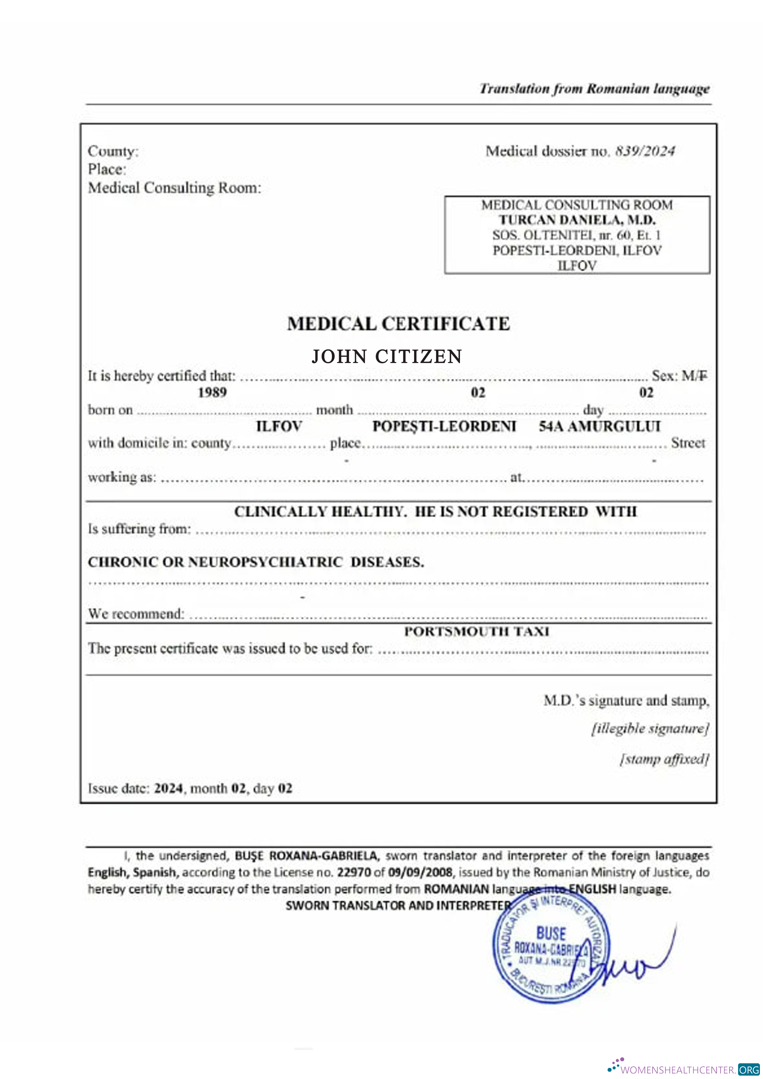 Download Romania medical certificate Photoshop template